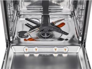 LG QuadWash DB365TXS lavastoviglie da incasso a scomparsa totale, con 4 bracci irroratori e tecnologia Wi-Fi, vista laterale su design in acciaio inox.