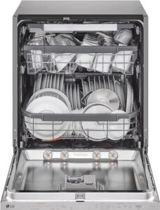 LG QuadWash DB365TXS lavastoviglie da incasso a scomparsa totale, con 4 bracci irroratori e tecnologia Wi-Fi, vista laterale su design in acciaio inox.