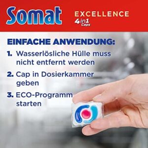 Somat Excellence 4 in 1 Caps, pastiglie per lavastoviglie che garantiscono pulizia e lucentezza anche a basse temperature, ideali per il programma Eco.