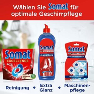 Somat Excellence 4 in 1 Caps, pastiglie per lavastoviglie che garantiscono pulizia e lucentezza anche a basse temperature, ideali per il programma Eco.