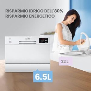 COMFEE' Lavastoviglie compatta da tavolo TD602E-W, modello bianco con display a LED e 6 programmi di lavaggio.
