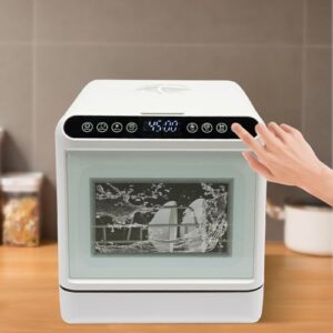Lavastoviglie da tavolo mini portatile con serbatoio da 6 litri e funzione di asciugatura intelligente, ideale per piccoli appartamenti.
