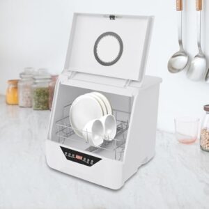 Lavastoviglie da tavolo portatile con design compatto e modalità di lavaggio a 360°.