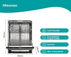 Lavastoviglie Hisense HV603D40 integrata, con capacità di 14 coperti, silenziosa e con 7 programmi di lavaggio.