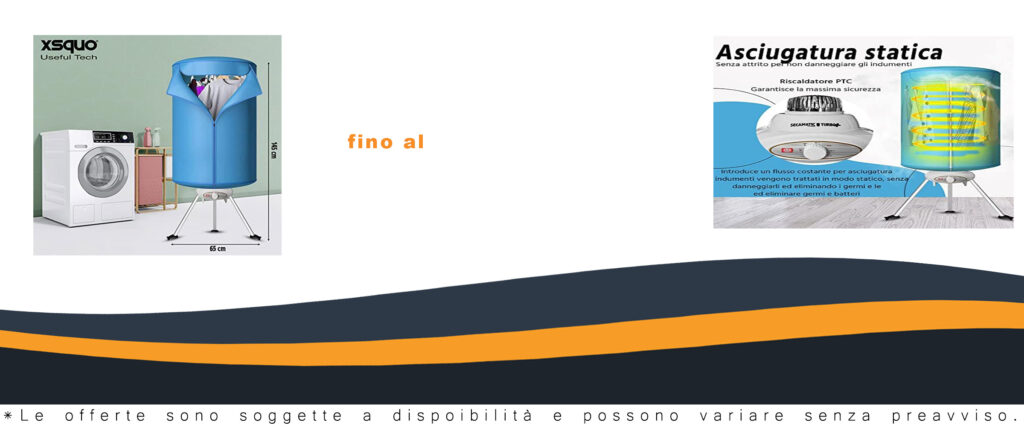 Asciugatrice portatile Secamatic Turbo Plus 1000W in azione, con design compatto e funzionalità avanzate per asciugare velocemente i tuoi indumenti.