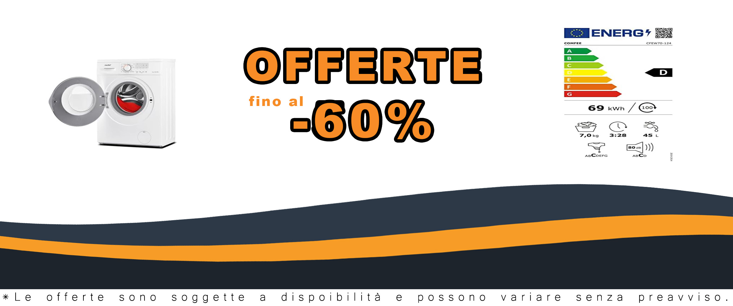 Lavatrice COMFEE' CFEW70-124 in vista frontale, compatta e adatta a spazi ridotti