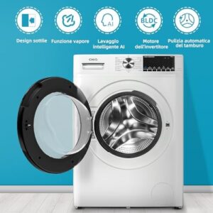 Lavatrice CHiQ CFL80-14586IM3XWA con design compatto, motore a inverter stabile e capacità di 8kg