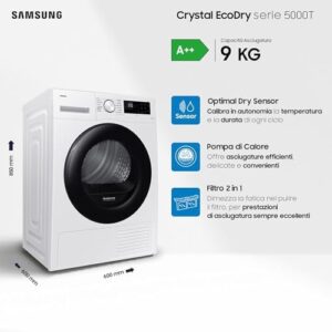 Samsung Asciugatrice Crystal EcoDry DV90CGC0A0AE/ET 9 Kg con pompa di calore e WiFi, design moderno e funzionalità avanzate.
