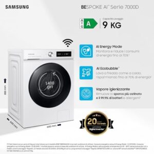 Samsung Lavatrice Bespoke AI WW90DB7U34GW/U3 con AI Control, 9 kg, Vapore e Wifi