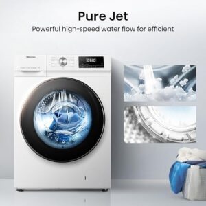 Lavatrice Hisense WFQA9014EVJM in azione con funzione vapore e design elegante.