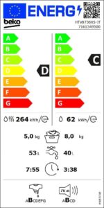 Lavasciuga Beko HTV8736XS-IT con vapore SteamCure, 8kg + 5kg, ProSmart Inverter, bianca, 1400 giri/minuto