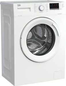 Lavatrice Beko WUX81282WI/IT in azione, con un design moderno e capacità di 8 kg, classe A, 1200 giri.