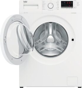 Lavatrice Beko WUX81282WI/IT in azione, con un design moderno e capacità di 8 kg, classe A, 1200 giri.