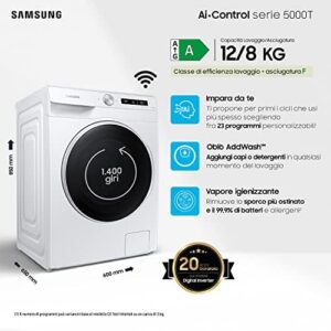 Samsung Lavasciuga Ai Control con Ecobubble, WD12T504DWW/S3, Libera Installazione, 12+8 kg, 1400 RPM, Classe A/E, Wi-Fi, Vapore, Carica Frontale, 60l x 85h x 65p cm