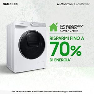 Samsung Lavasciuga Ai Control QuickDive™ WD90T954DSH/S3, un prodotto innovativo che combina funzionalità avanzate come Wi-Fi e tecnologia vapore, perfetto per famiglie di medie dimensioni.