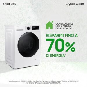 Samsung Lavasciuga Crystal WiFi WD90DG5B15BEET con WiFi, AI Ecobubble, e Vapore Igienizzante per un bucato perfetto.