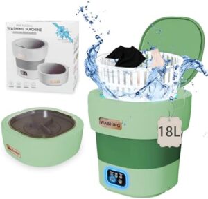 Mini lavatrice portatile verde, con capacità di 18 litri e funzione centrifuga, pieghevole per facilitare il trasporto.