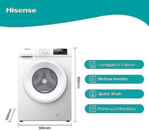 Hisense WFQP801419VM Lavatrice a carica frontale, bianca, con display LED, funzione vapore e programma rapido