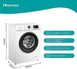 Hisense WFVB7012EM, lavatrice a carica frontale con capacità di 7 kg e 1200 rpm, in un ambiente moderno con display LED e funzione vapore.