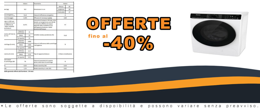 Lavatrice Hisense WF5V843BWSIT, modello slim a carica frontale, 8 Kg, 1400 rpm, con funzione vapore e display LED