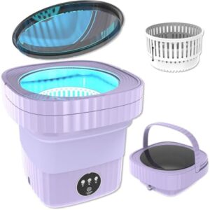 Lavatrice portatile pieghevole con centrifuga, ideale per piccoli spazi e viaggi, che permette di lavare capi delicati come biancheria intima e calze.