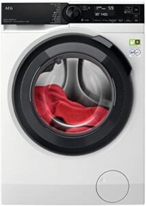 Lavatrice AEG Serie 8000 LR8H84BBY e Asciugatrice AEG Serie 8000 T8DBE851, due prodotti ad alta efficienza energetica con tecnologia PowerCare e pompa di calore.