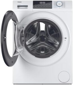 Immagine della lavatrice Haier HW80-BP14929A-S, con capacità di 8 Kg, velocità di centrifuga di 1400 giri/min e design moderno.