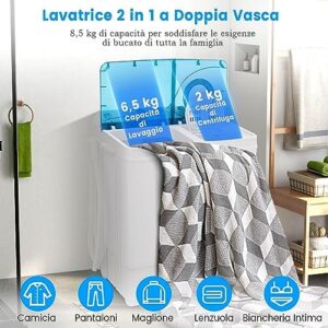 GYMAX Lavatrice a 2 Vasche con capacità di lavaggio da 6,5 KG e centrifuga da 2 KG, ideale per appartamenti e campeggi.