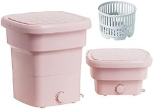 Lavatrice portatile rosa con centrifuga per lavare vestiti in appartamenti piccoli, ideale per bambini e uso domestico.