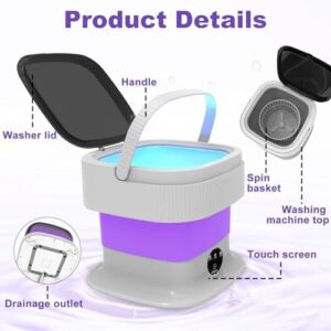 Mini lavatrice portatile pieghevole viola da 12 litri, perfetta per viaggi e lavanderia in spazi ridotti.