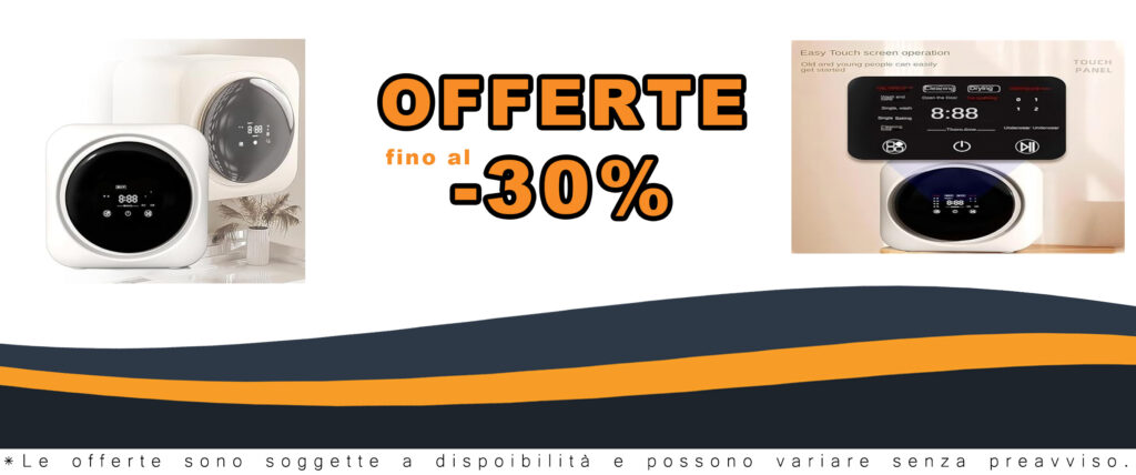 Lavatrice portatile con pannello LCD e mini asciugatrice, ideale per appartamenti e camper.