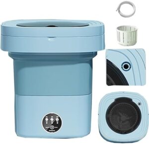 Mini lavatrice pieghevole portatile blu, perfetta per campeggio, camper e piccoli spazi.