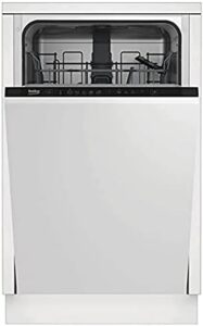 Lavastoviglie Beko DIS28023, modello da incasso, compatta, 10 coperti, con display LCD e programmi freddo, caldo e aria calda, disponibile in nero e bianco.