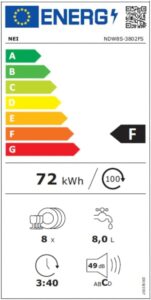Lavastoviglie compatta NEI NDW8S-3802FS in colore argento con 8 set e 7 programmi di lavaggio