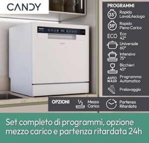 Lavastoviglie Candy Rapido' CP 8F9FFW, modello compatto con 8 coperti e lavaggio rapido in 35 minuti