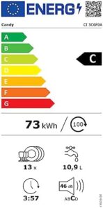 Lavastoviglie integrabile Candy Rapidò CI 3C6F0A da 60 cm, 13 servizi, Wi-Fi e 8 programmi, con un design silenzioso e pratico.