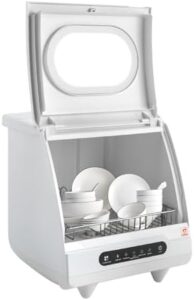 Lavastoviglie portatile con irrigatore rotante a 360°, design compatto, ideale per piccoli spazi e ambienti domestici o professionali.