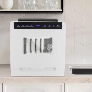 Lavastoviglie da tavolo compatta e portatile, ideale per appartamenti, campeggi e viaggi, con quattro modalità di lavaggio e funzione di disinfezione.