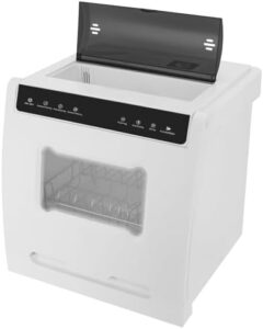 Lavastoviglie da tavolo compatta e portatile, ideale per appartamenti, campeggi e viaggi, con quattro modalità di lavaggio e funzione di disinfezione.
