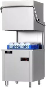 Lavastoviglie commerciale automatica con coperchio, ideale per ristoranti e hotel, con capacità elevata e design resistente.