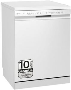 LG Lavastoviglie DF243FW Bianco 60 cm in funzionamento, vista frontale con piatti puliti