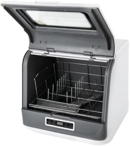 Mini lavastoviglie da tavolo bianca con 3 modalità di lavaggio, spruzzatore girevole a 360° e controllo touch, ideale per spazi ridotti.