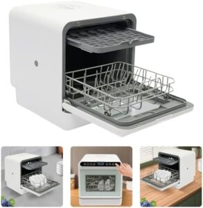 Lavastoviglie da tavolo portatile con 1100 W di potenza, 4 modalità di lavaggio e serbatoio da 6 litri, ideale per famiglie fino a 6 persone.
