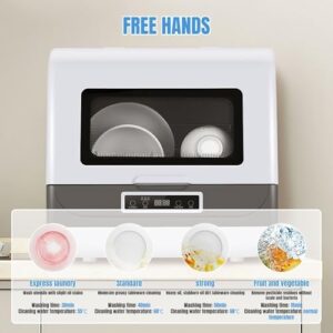 Mini lavastoviglie portatile con controllo touch, display LED e serbatoio acqua integrato, ideale per appartamenti e campeggio.