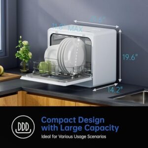Mini lavastoviglie da tavolo con 7 programmi e serbatoio d'acqua integrato, ideale per spazi ristretti.