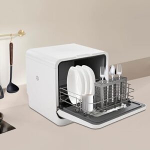 Mini lavastoviglie Comfee da appoggio, compatta, con spruzzo automatico a 360 gradi, ideale per piccoli spazi.