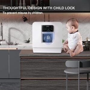 Lavastoviglie portatile con serbatoio acqua, blocco bambini, asciugatura a caldo e spruzzatura a 360 gradi, ideale per appartamenti e piccole cucine.