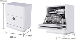 Lavastoviglie da tavolo compatta e automatica, ideale per l'uso domestico con asciugatura intelligente.
