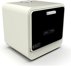 Lavastoviglie compatta da tavolo senza necessità di installazione, ideale per spazi ridotti e facile da usare.