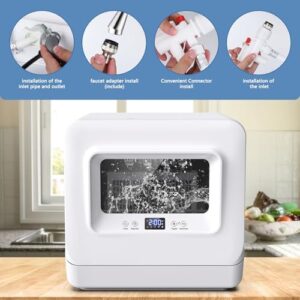Mini lavastoviglie da banco compatta, perfetta per spazi ridotti con 5 programmi di lavaggio, controllo touch e serrature di sicurezza.